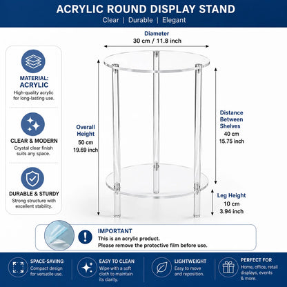 Modern Round Acrylic End Table - Crystal Clear Nightstand with Storage Shelf - 2-Tier Small Coffee Table for Living Room, Bedroo
