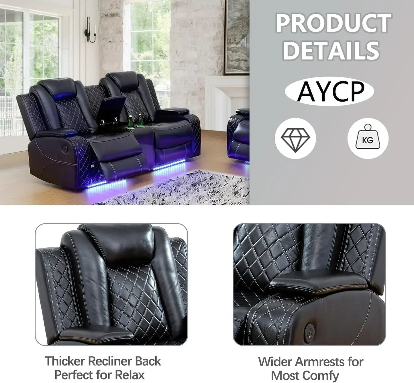 Multifunction Power Air Leather Recliner Sofa Set with LED Lights, Living Room Furniture, Reclining Sofa, loveseat, Chair with