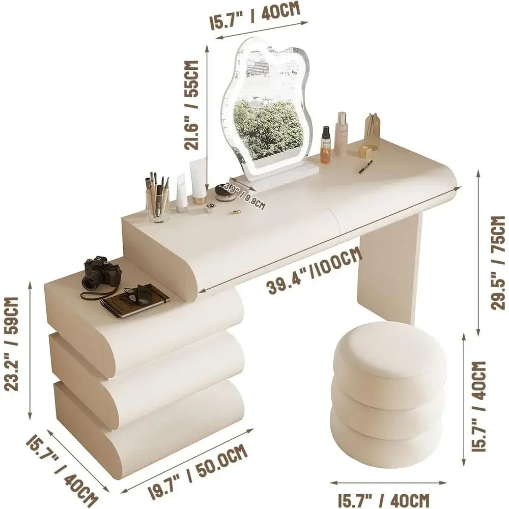 Elegant Makeup Vanity Desk with Illuminated Mirror and Storage, Leather-Clad 5-Drawer Set with Stool, 39.4in White