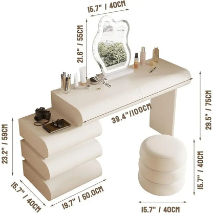 Elegant Makeup Vanity Desk with Illuminated Mirror and Storage, Leather-Clad 5-Drawer Set with Stool, 39.4in White