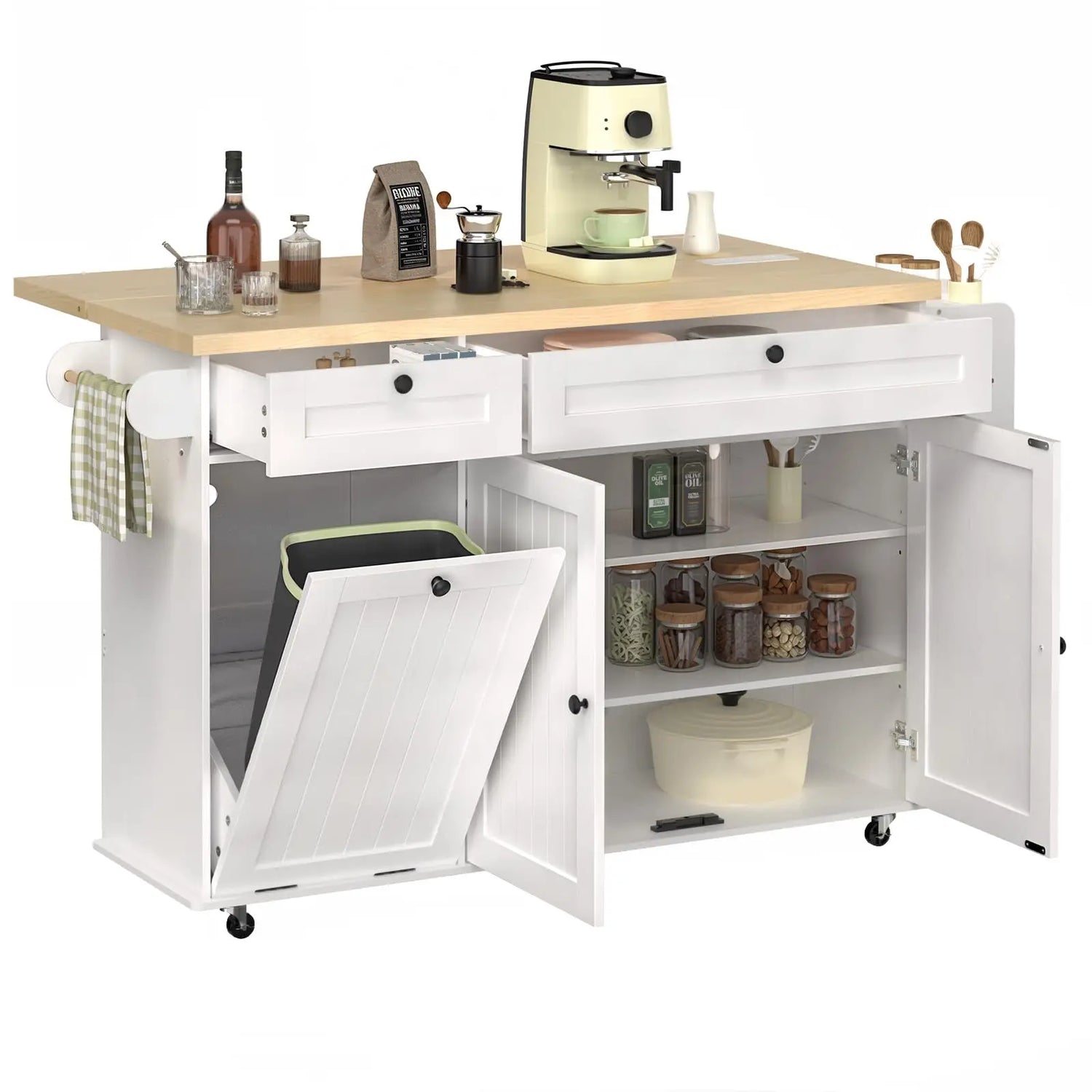 ONBRILL Mobile Kitchen Island With Power Outlet Drop Leaf And Towel Rack