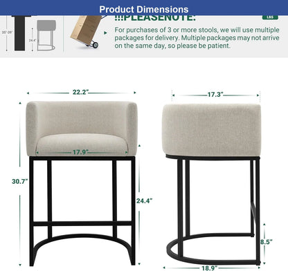 Counter Height Bar Stools Set of 2, 24 Inch Beige Linen Upholstered Barstools Low Back Seat for Kitchen Island Dining Room
