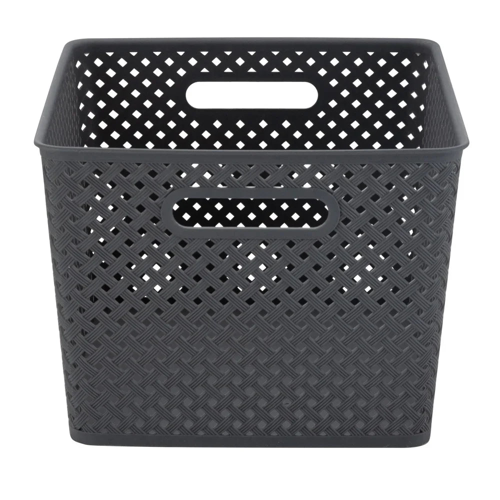 Large Storage Bin Gray Resin Wicker Lightweight Organizing Basket with Handles for Home Storage