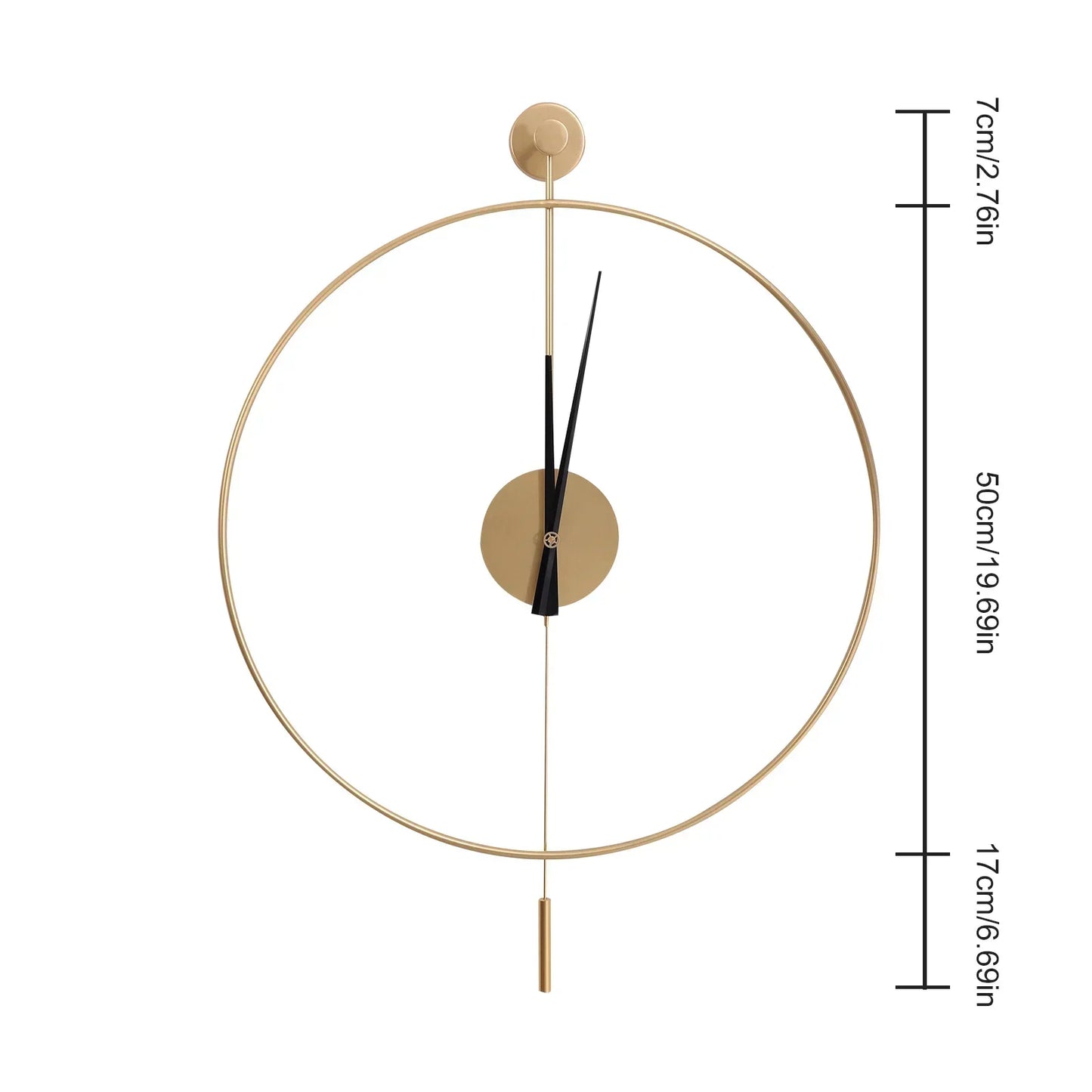 Gold Wall Clock with Pendulum Hollow Design Battery Operated Silent Quartz Movement 50cm Round for Living Room Decor