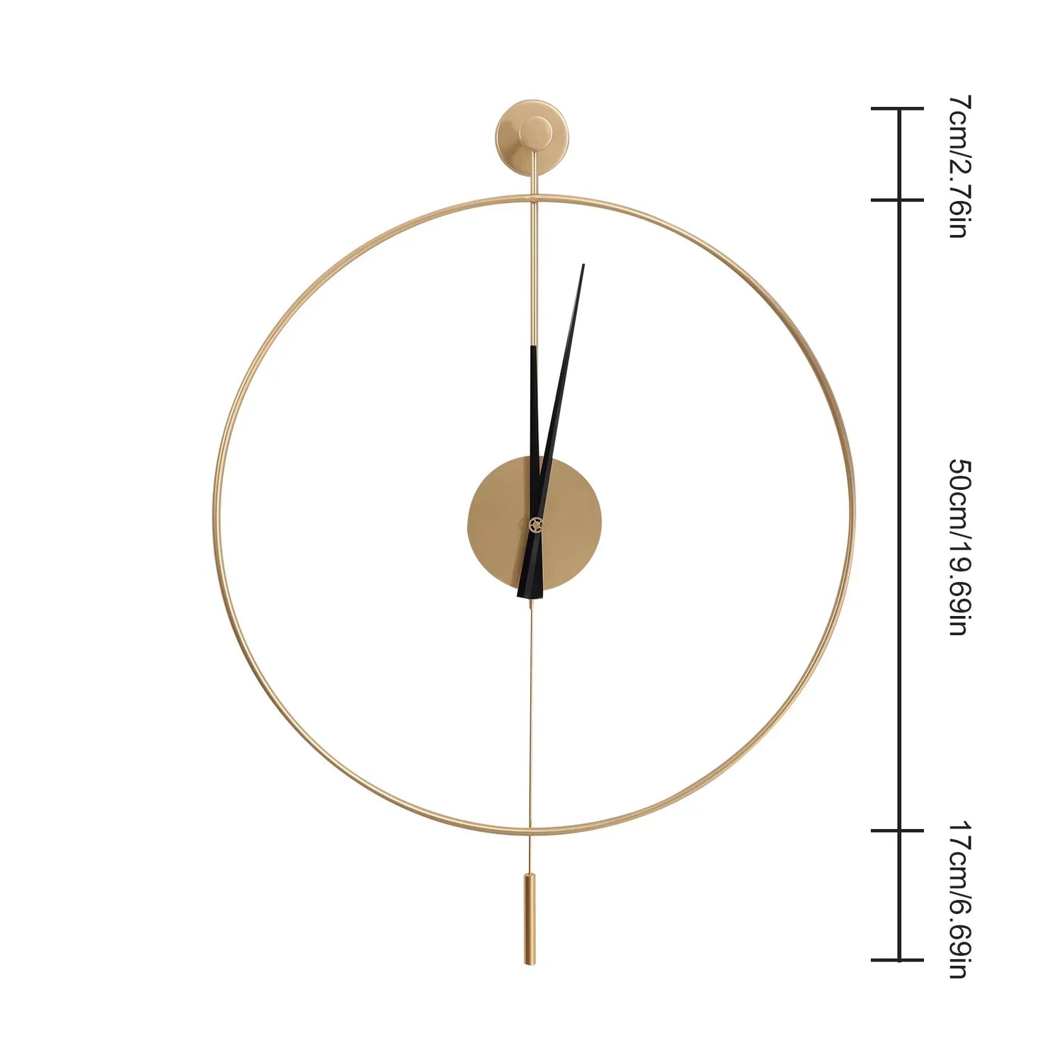 Gold Wall Clock with Pendulum Hollow Design Battery Operated Silent Quartz Movement 50cm Round for Living Room Decor