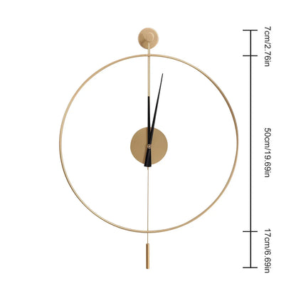 Gold Wall Clock with Pendulum Hollow Design Battery Operated Silent Quartz Movement 50cm Round for Living Room Decor