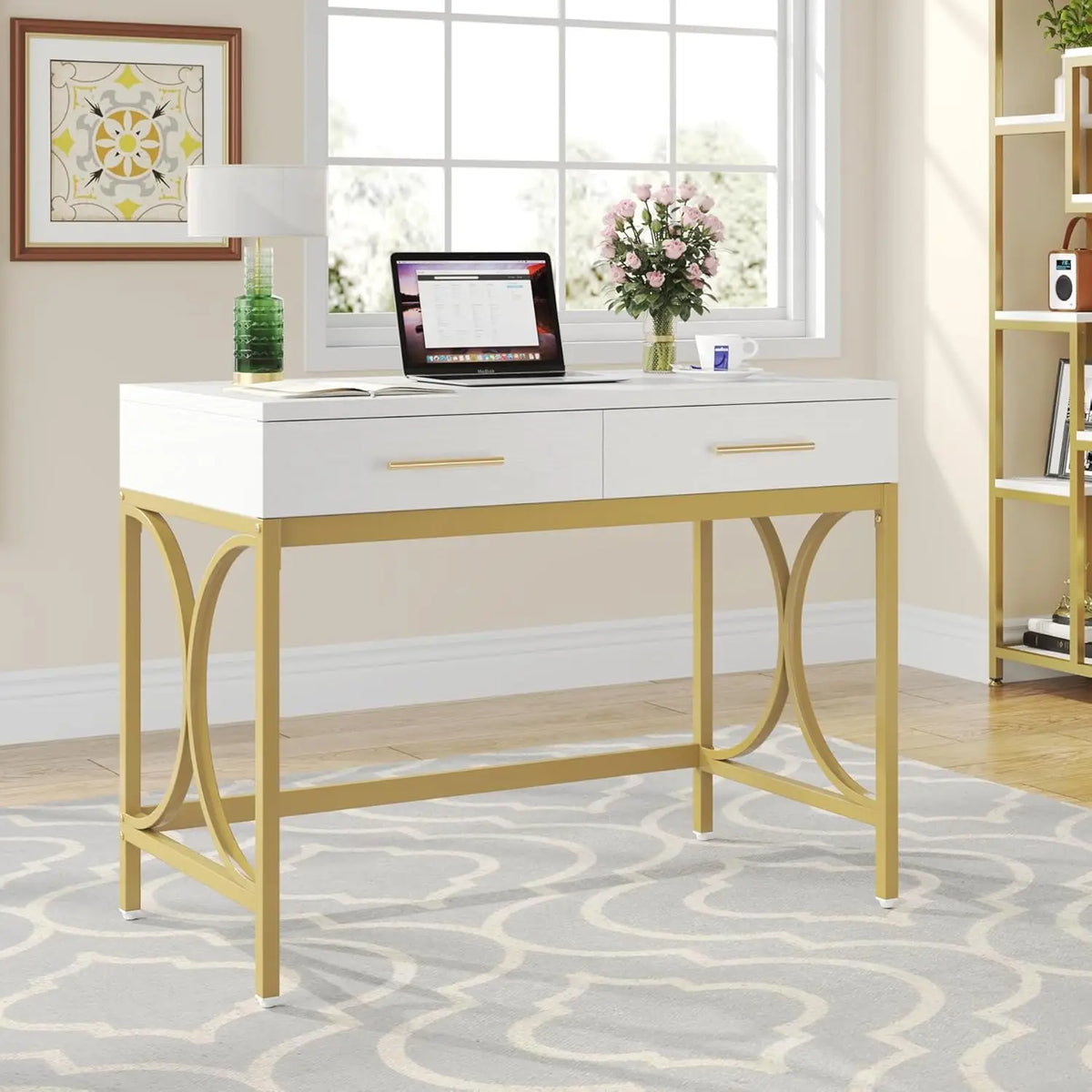 Modern Computer Desk with 2 Drawers Set of 2, 41 Inches Study Writing Office Desk for Home Office, Bedroom, Makeup, Customized