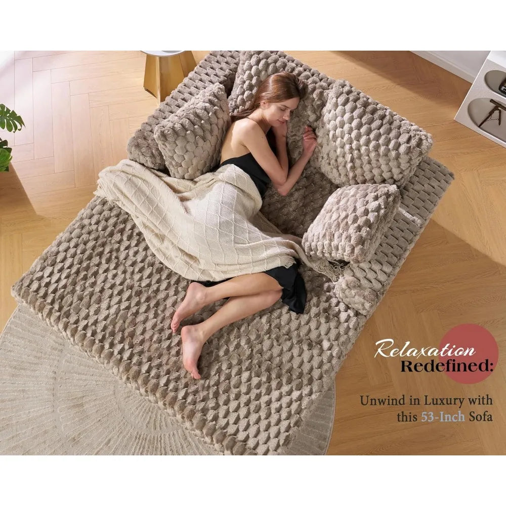 53 Inch Upholstered Chaise Lounge, Plush Sleeper Chair with Throw Pillows and Armrests, Sofa Bed Indoor for Living Room, Brown