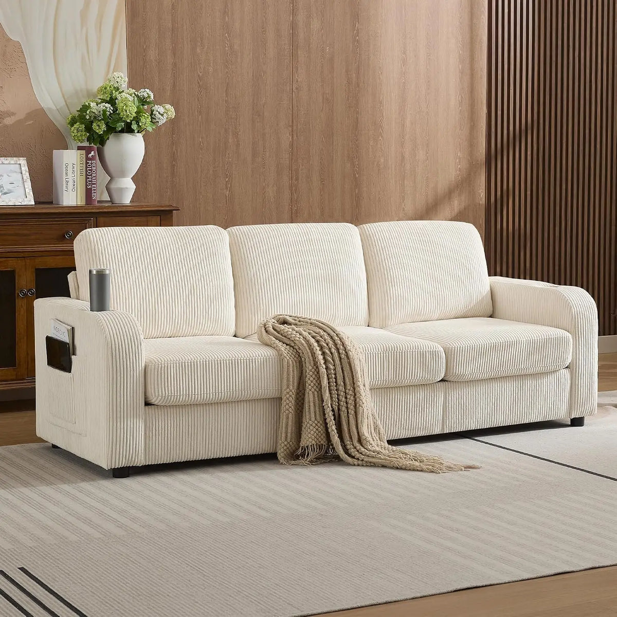 SUXI Modern Upholstered Sofa With Deep Seats And Cup Holders