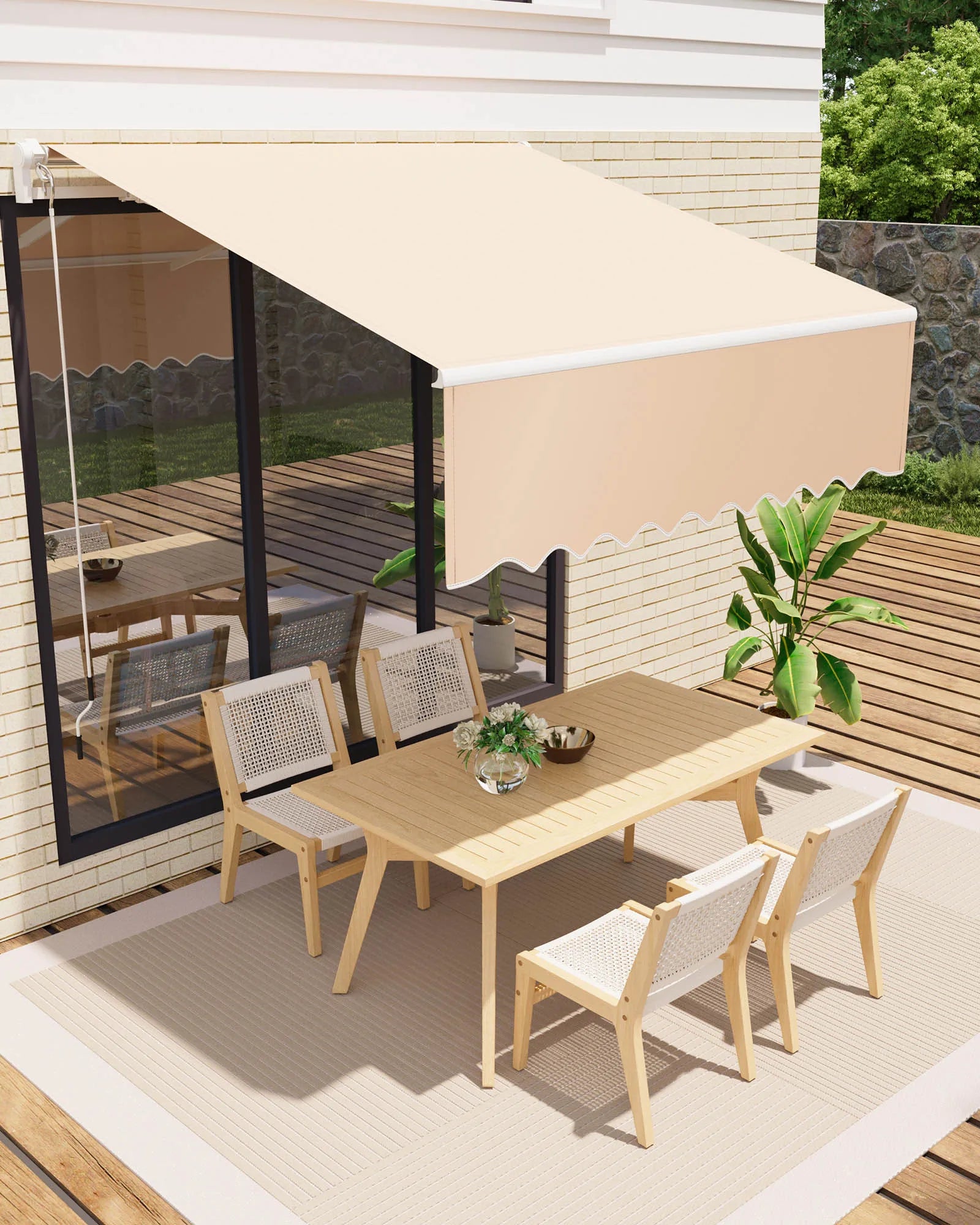 Retractable Waterproof Patio Dining Set Awning Manual Crank Heavy Duty Aluminum Frame Sun Shade for Deck Porch Balcony