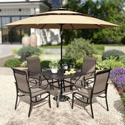 Outdoor Dining Set for Four Featuring Square Table Mesh Chairs and 10ft Wind-Resistant Umbrella with Auto-Tilt Functionality Tex