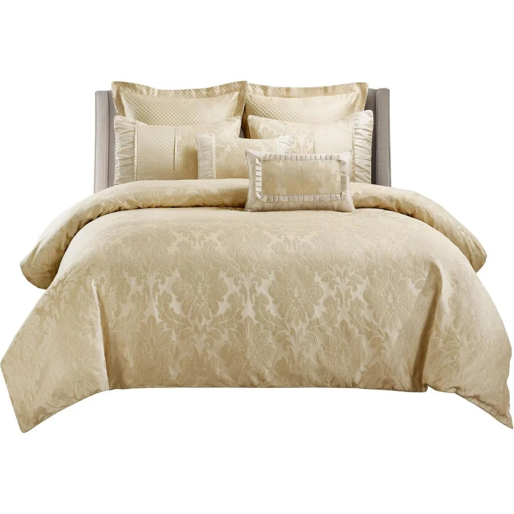 Wholesalebeddings 7pc Duvet Cover Set (Sara Jacquard Cotton Blend) King-California King, Multi-Tone of Beige