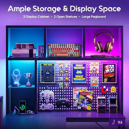 L Shaped Gaming Desk With Hutch, Pegboard, Shelves, LED Lights