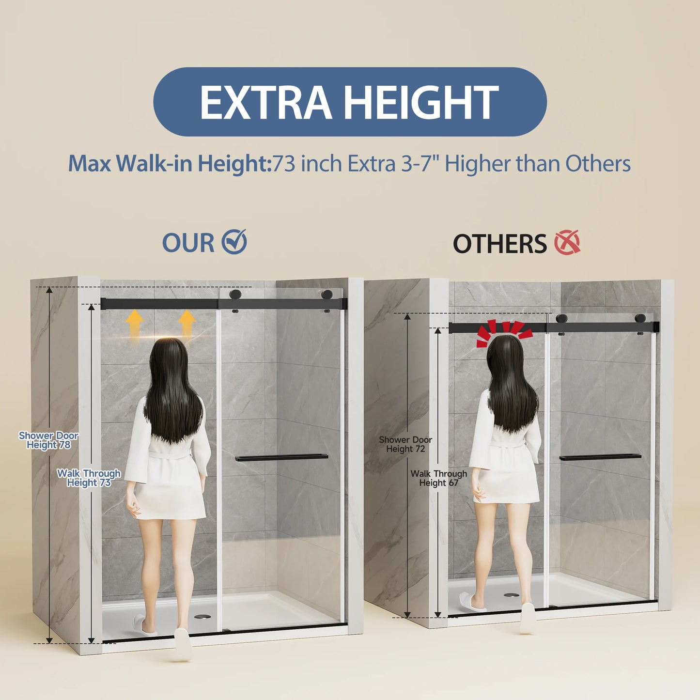 60" x 78"Matte Black Frameless Double Sliding Shower Door, 10mm Clear Tempered Glass with Film, Stainless Steel Handles