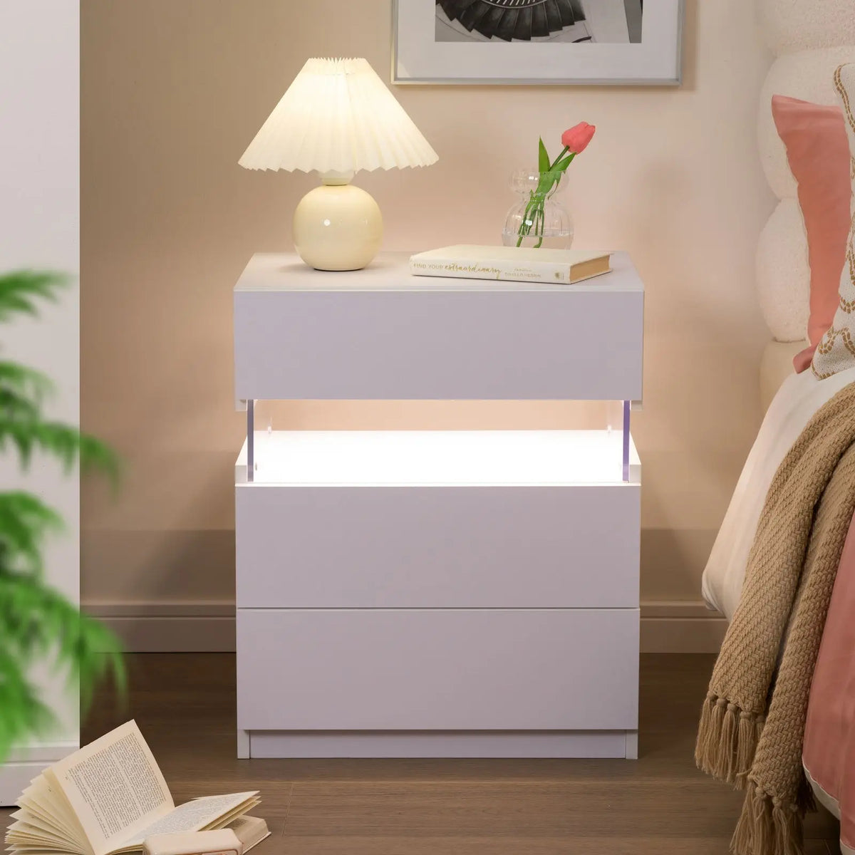 Cubehom LED Bedside Tables with Three Drawers for Bedroom