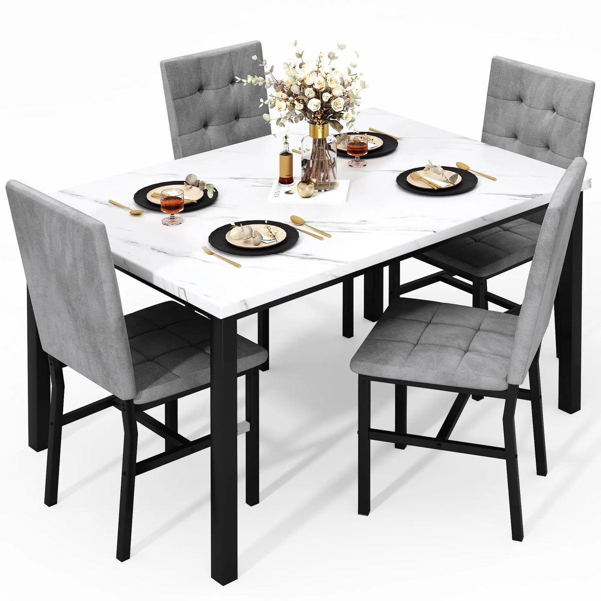 Dining Table Set For 4,Faux Marble Kitchen Table And Chairs Of 4, Modern Dining Room For 4,Dinner Table With Ve