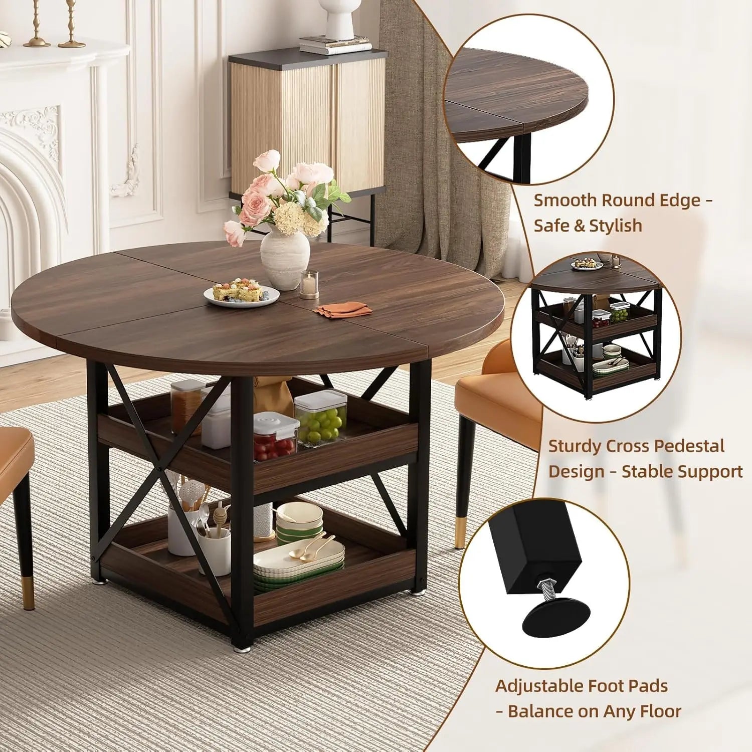 5-Piece Round Dining Table Set for 4 with Storage, Kitchen Table with 4 PU Leather Chairs, Space Saving for, Customized