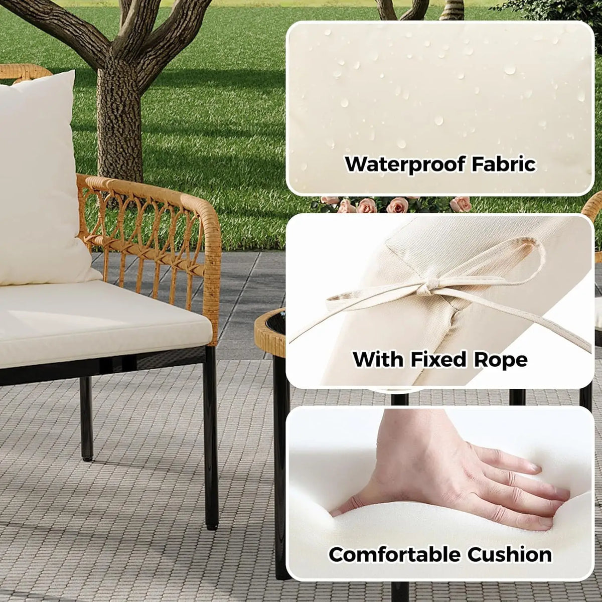 3-Piece All-Weather Boho Wicker Rattan Patio Furniture Set with Sectional Sofa, Metal Frame, and Detachable Cushions - Ideal for Patio, Balcony, Backyard, Deck, and Poolside in Beige