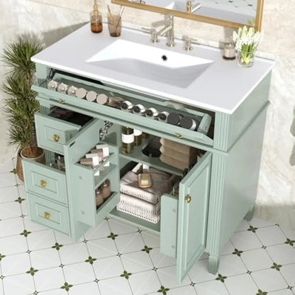 36 inch freestanding bathroom vanity with integrated ceramic sink, solid pine frame and MDF doors, three graduated drawers plus