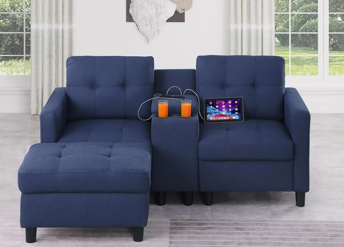 Love Seat Sofa with Ottoman and Storage Console, 2 Seater Couch for Bedroom, Small Modular Sectional Couch Home Theat