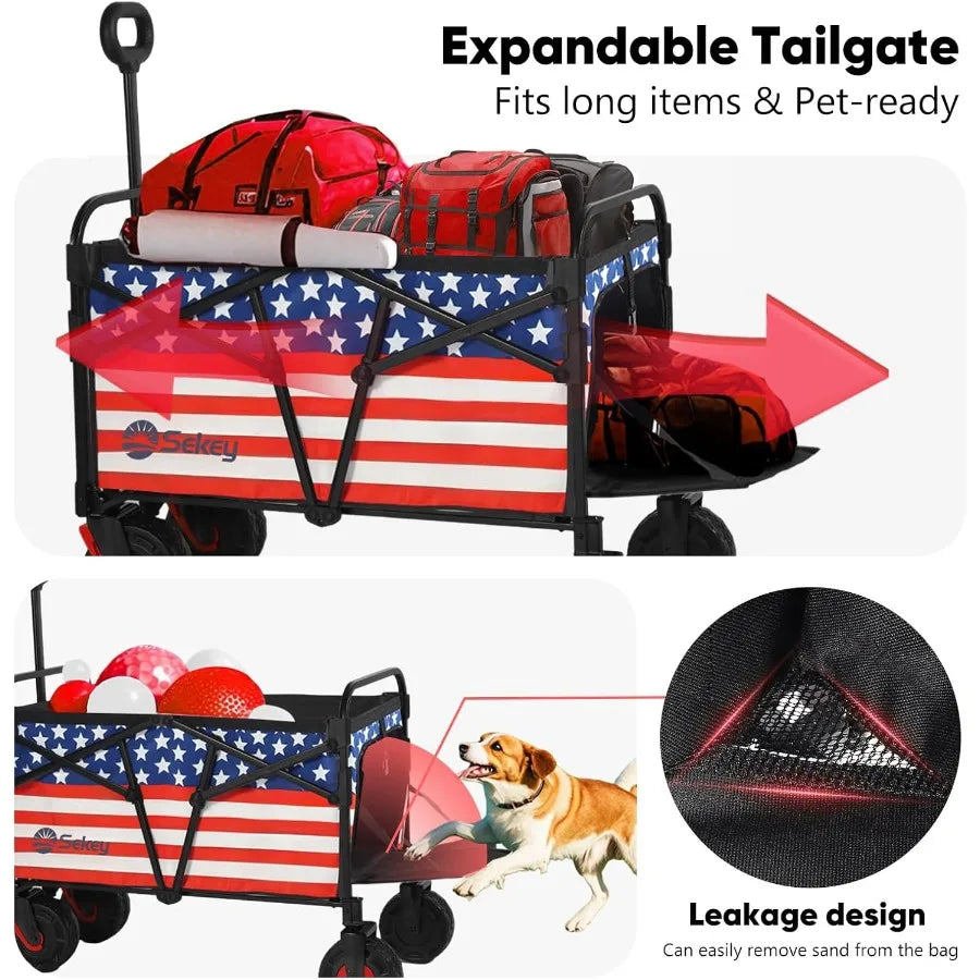 Wagon Cart with Big AllTerrain Beach Wheels Collapsible Heavy Duty Extended Wagons with Taligate Foldable Utility Carts for Cam