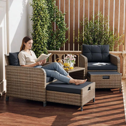 5 Piece PE Outdoor Furniture Set Soft Cushions Coffee Table Hidden Ottoman Porch Lawn Garden Balcony, Customized