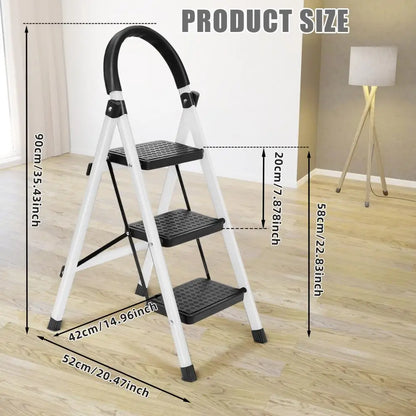 3 Step Folding Step Ladder, Heavy Duty 330lbs Load, Collapsible Stool for Home RV Outdoor Work White Red