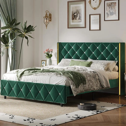 Queen Bed Frame with Headboard, Velvet Upholstered Bed with Wingback and Diamond Tufted Design, Wood Slat Support,, Customized