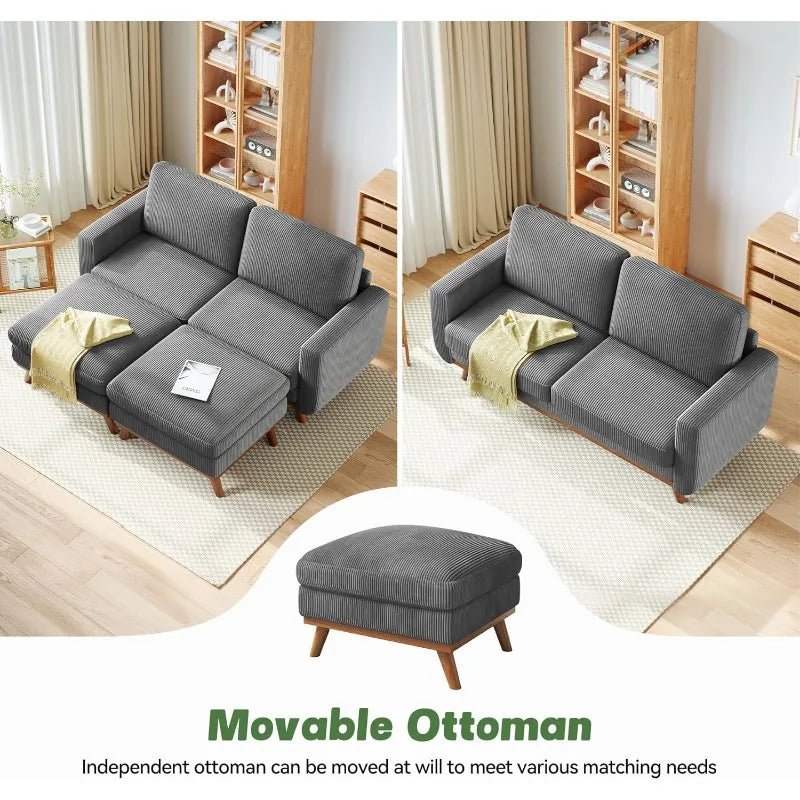68" Loveseat Sofa with Movable Ottoman, Comfy Corduroy Couch with Spring Cushion, Sofa Couch with Solid Wood, Modern O