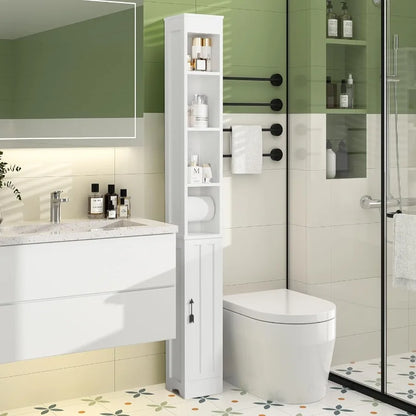 Narrow Bathroom Storage Cabinet With 3 Adjustable Shelves, 71" Tall Freestanding Cabinet With Toilet Paper Holder, Slim T