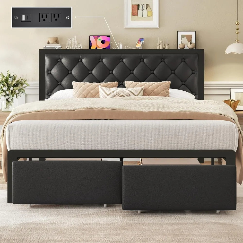 High-concerned Upholstered Bed Frame With 2 Storage Drawers And Charging Station