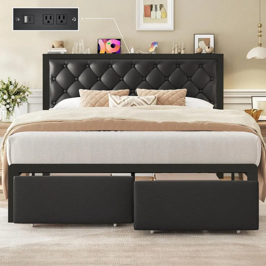High-concerned Upholstered Bed Frame With 2 Storage Drawers And Charging Station