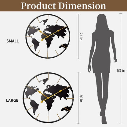 World Map Wall Clock, Metal Minimalist Modern Clock, Round Silent Non-Ticking Battery Operated Wall Clocks for Living Room/Home.