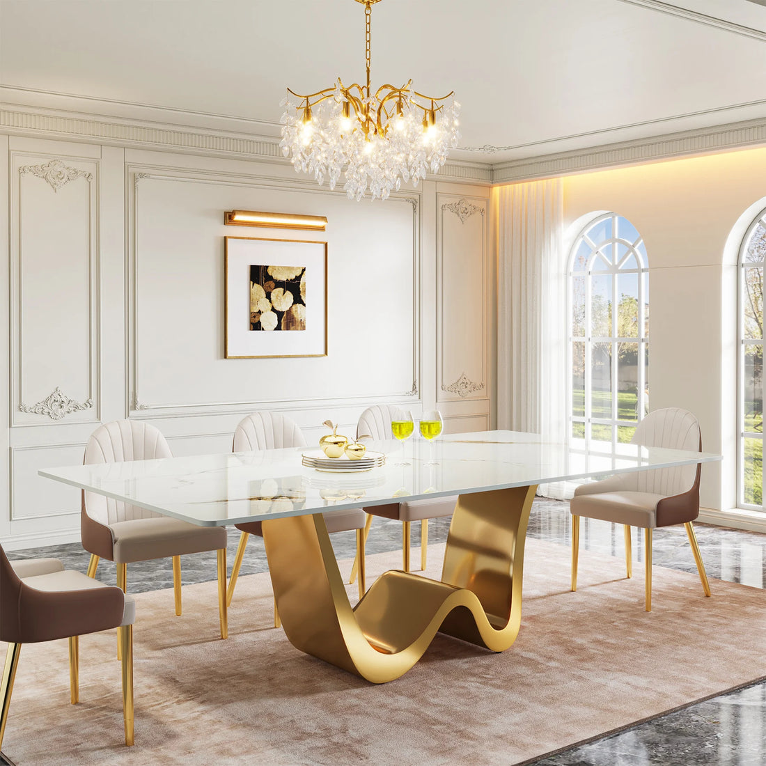 Tribesigns 78.74" Sintered Stone Dining Table for 6-8, Modern Rectangle Dining Table, Luxury White &amp; Gold Kitchen Table