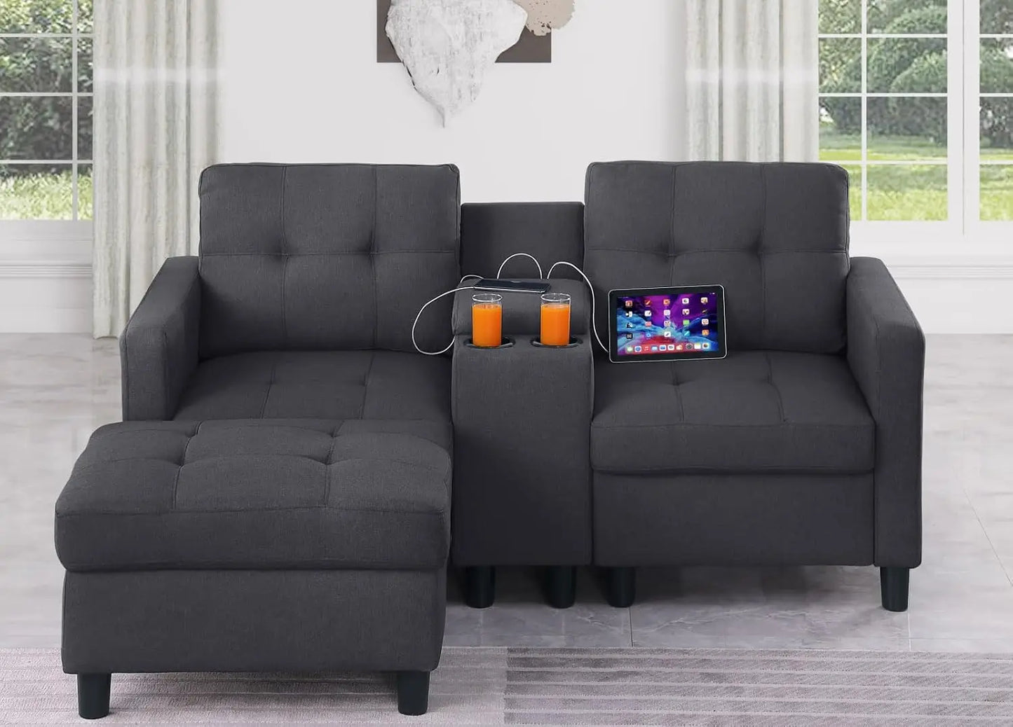 Love Seat Sofa with Ottoman and Storage Console, 2 Seater Couch for Bedroom, Small Modular Sectional Couch Home Theat