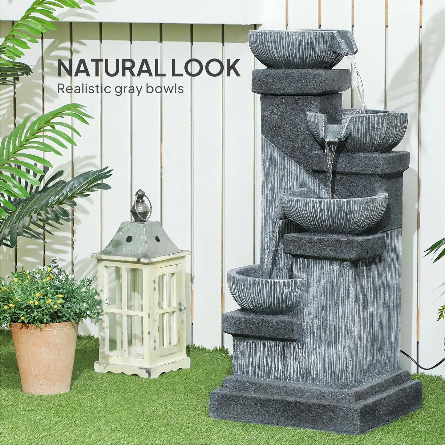 Outsunny Outdoor 4 Tier Resin Waterfall Fountain With LED Lights