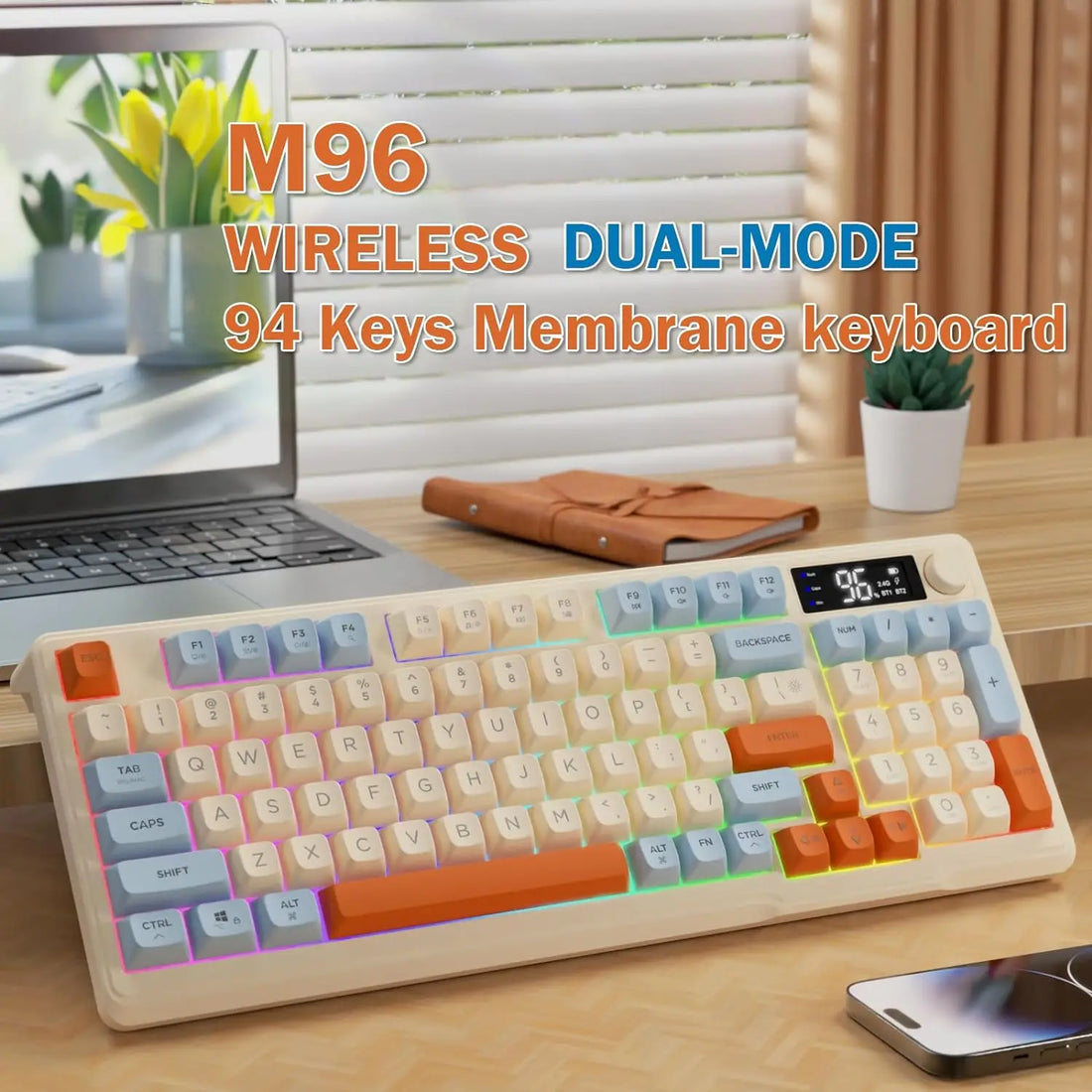 ZIYOU LANG Wireless Gaming Keyboard with Display Screen &amp; Knob, Bluetooth/2.4GHz Quiet Membrane Keyboard, 3000mAh Rechargeable