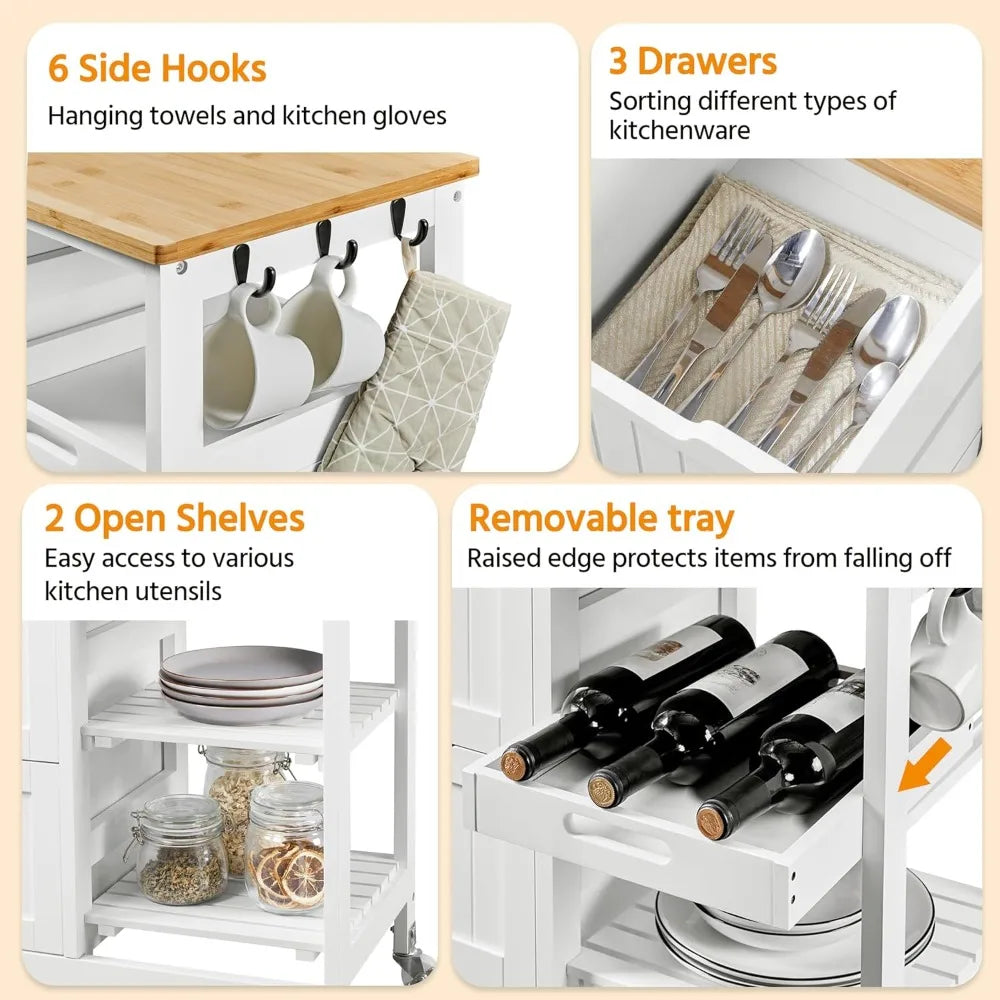 Kitchen Island Cart on Wheels, Rolling Storage Cart with Bamboo Countertop, 3 Drawers, 3 Removable Shelves &amp; Lockable Casters