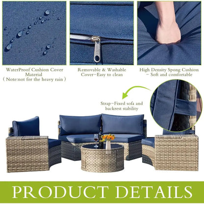 7 Piece Outdoor Hal Moon urniture, Wicker Patio Sectional Contion Set with 2 Storage Armrests and Circle Glass Table, Gray Ratta