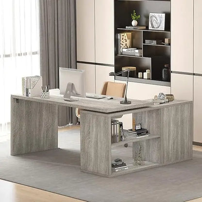 Gray L Shaped Corner Desk with Storage Shelves, Reversible L Shape Computer Desk with Storage Cabinet, Adjustable Corner Home O