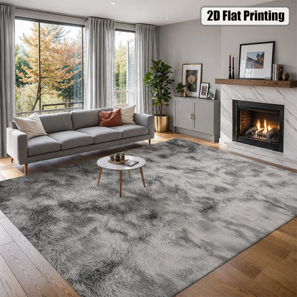 Large Indoor Shaggy Velvet Area Rug, Soft Low Pile, Non-Slip Dotted Backing, Machine Washable, Gray Tie-Dye Pattern, Ideal for Living Room, Bedroom, Cozy Plush Home Floor Decor