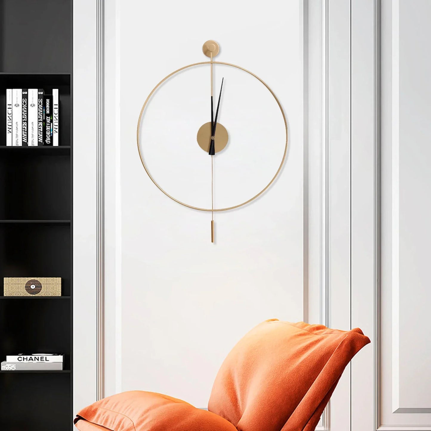 Gold Wall Clock with Pendulum Hollow Design Battery Operated Silent Quartz Movement 50cm Round for Living Room Decor