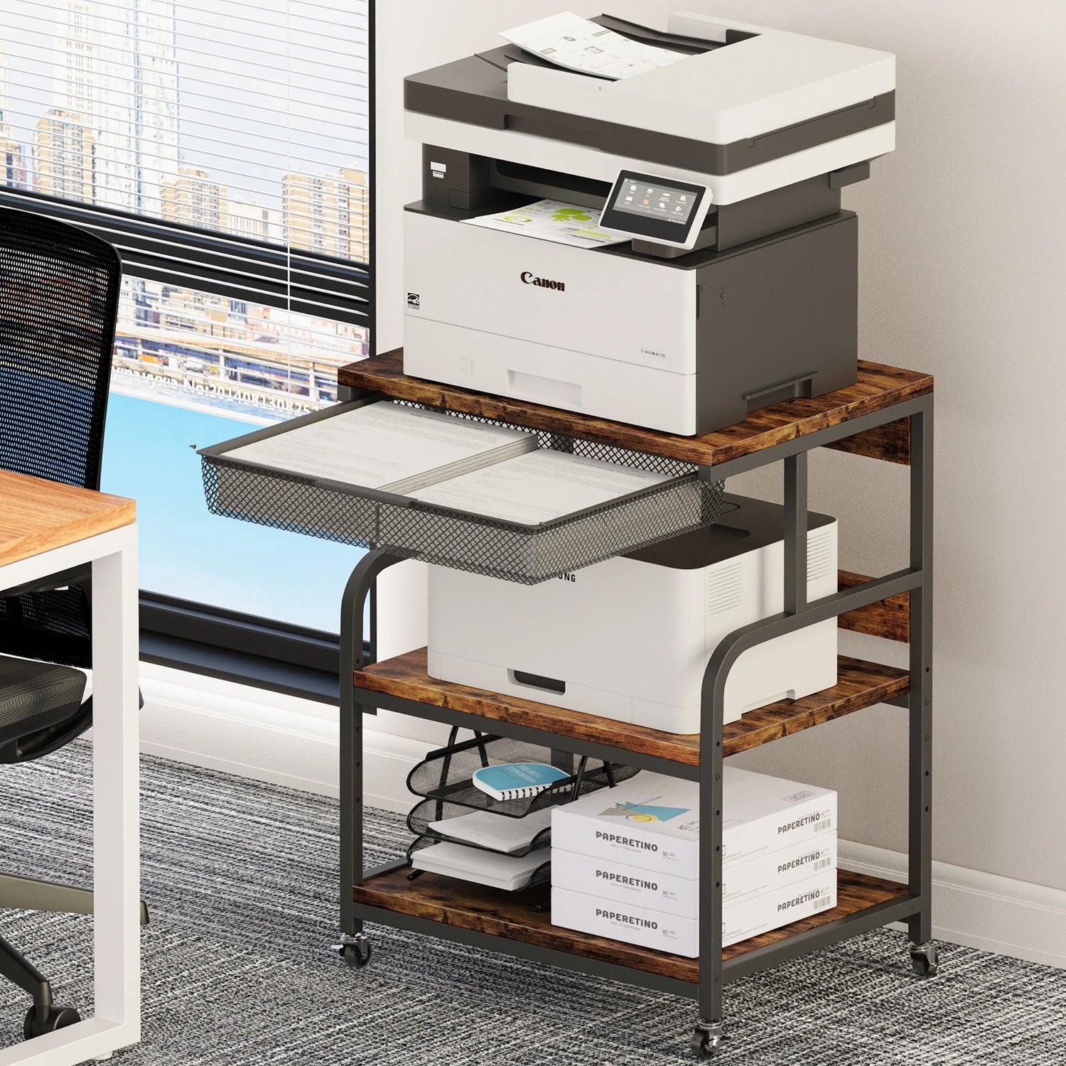 Large Printer Stand w/ Drawer, 5-Adjustable Heights 3 Tier Table w/ Wheels,Printer Cart for Printer Scanner Fax Home Office Use
