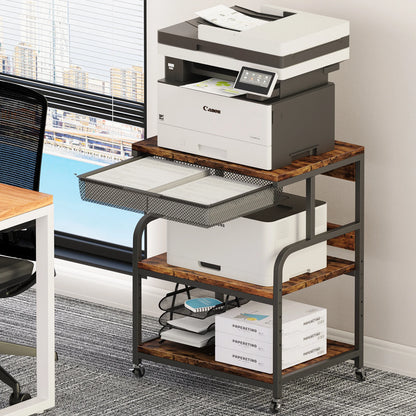 Large Printer Stand w/ Drawer, 5-Adjustable Heights 3 Tier Table w/ Wheels,Printer Cart for Printer Scanner Fax Home Office Use