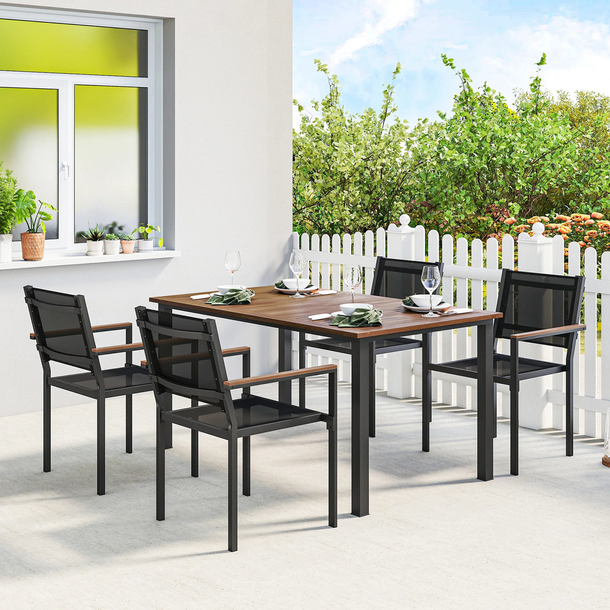 Outsunny Outdoor Dining Set for 4, Acacia Wood Table and Stackable Chairs