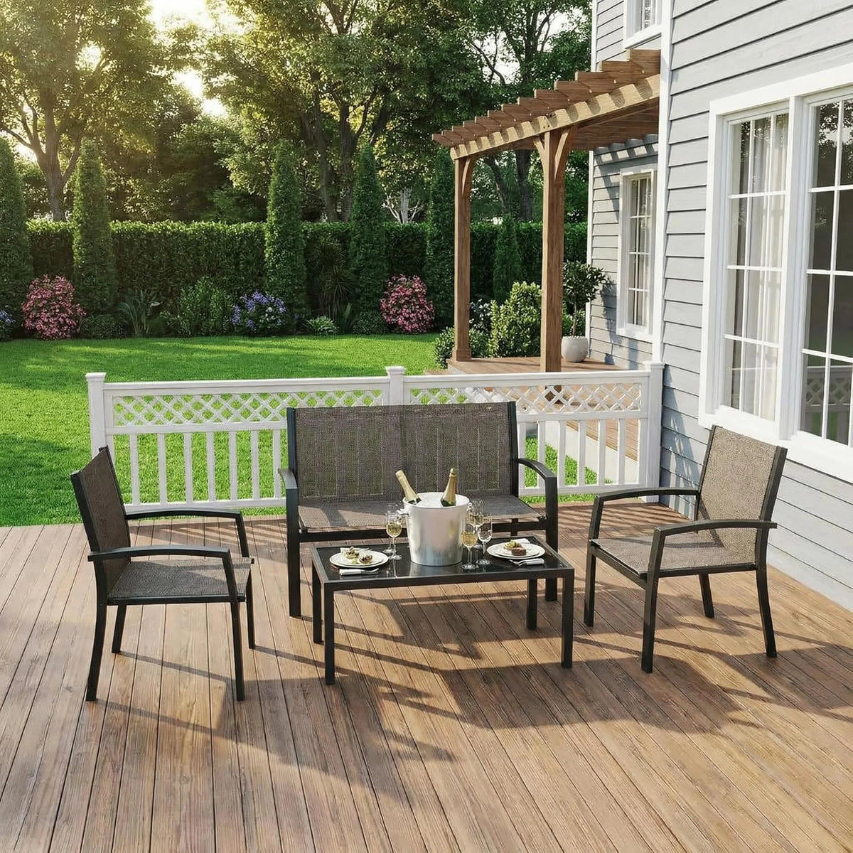 Modern 4 Piece Metal Patio Furniture Set Breathable Mesh Outdoor Loveseat &amp; Chairs With Table For Deck Apartment Porch Backyard