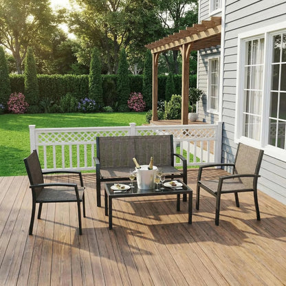 Modern 4 Piece Metal Patio Furniture Set Breathable Mesh Outdoor Loveseat &amp; Chairs With Table For Deck Apartment Porch Backyard