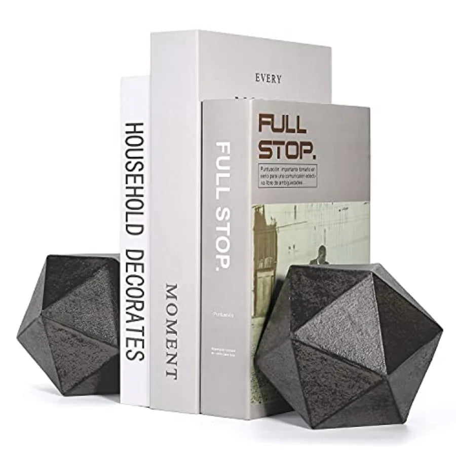 Geometric Decorative Ball Shaped Bookends Modern Cast Iron Black Bookends for Office Desk Book Shelf Room Decor Home Office Boo
