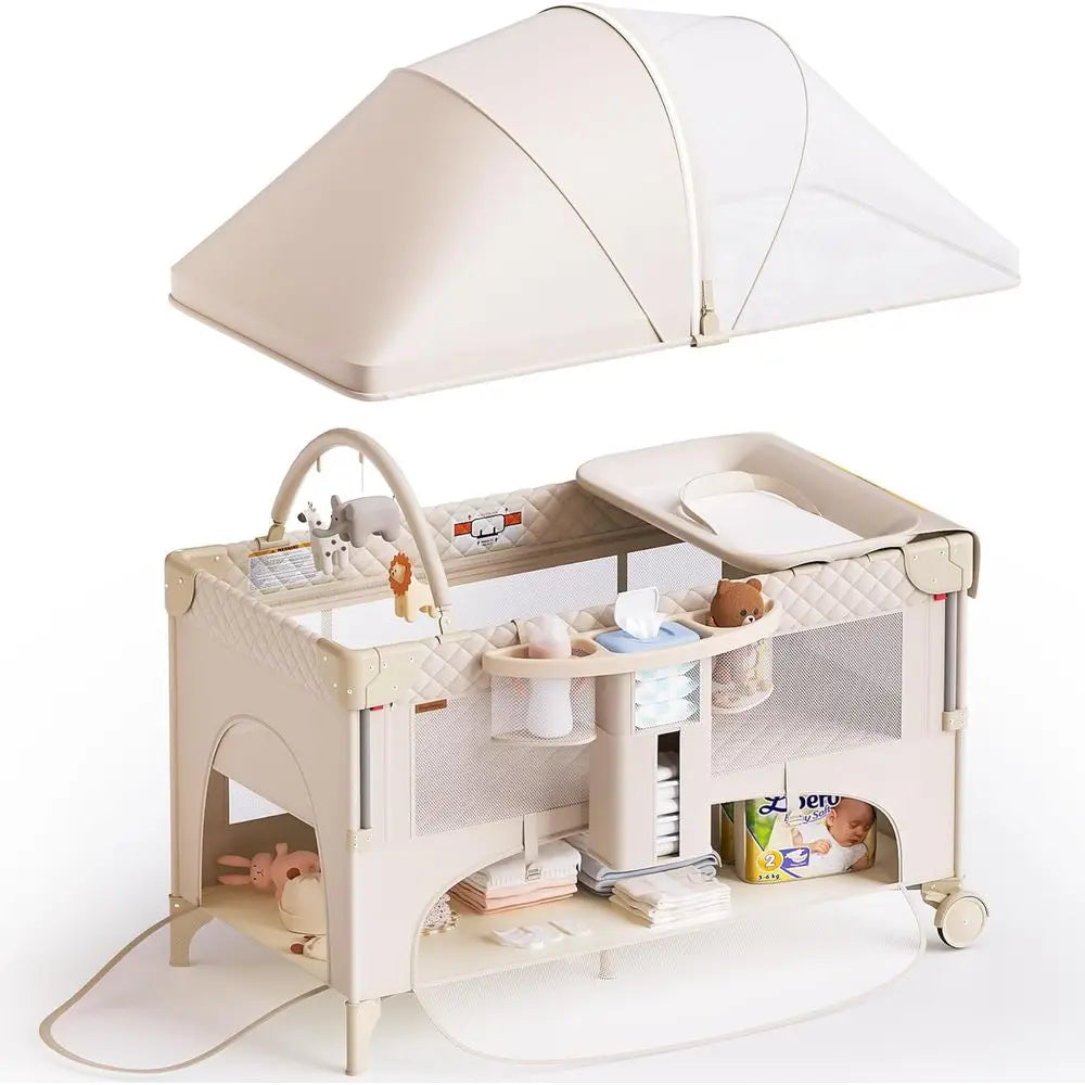 All-in-One Baby Bassinet, Play and Sleep Station, Bedside Crib with Diaper Changer, Storage, and Toy Bar for Newborns to Toddler