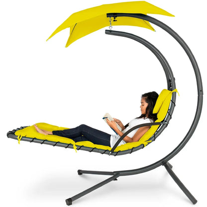 Outdoor Hanging Curved Steel Chaise Lounge Chair Swing w/Built-in Pillow and Removable Canopy - Peacock Blue, Customized